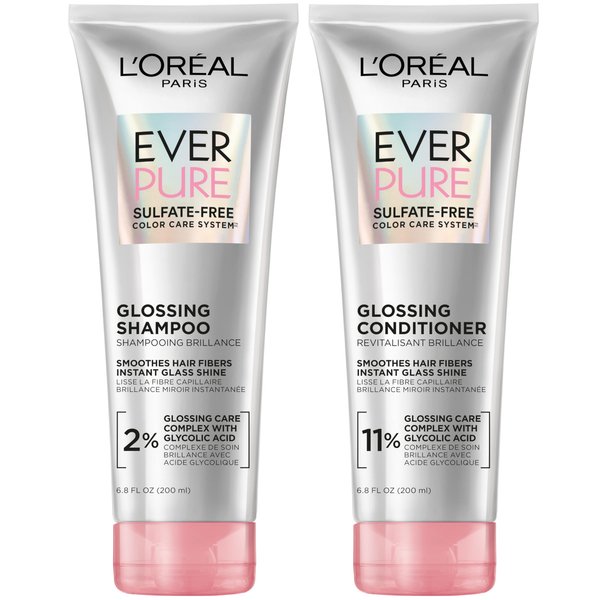 L'Oreal Paris Glossing Sulfate Free Shampoo and Conditioner Set with Glycolic Acid, Hair Care for Lasting Shine and Smoothness for Dull, Dry Hair, EverPure, 1 Kit