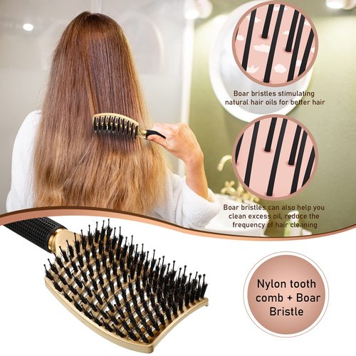 3 Pieces Curved Vented Boar Bristle Hair Brushes Fast Dry Detangling Hair Brush Curved Vented Styling Hair Brush Fast Blow Drying Hair Brush for Wet, Long and Curly Hair (Black, White, Gold)