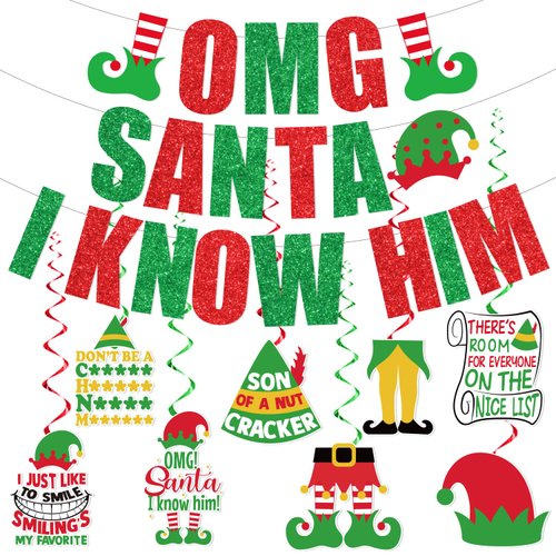 Christmas Movie Decorations, Movie Christmas Decorations includes Santa I Know Him Banner and Santa I Know Him Christmas Hanging Swirls for Xmas Winter Holiday Dinner Party Supplies