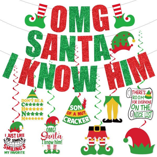 Christmas Movie Decorations, Movie Christmas Decorations includes Santa I Know Him Banner and Santa I Know Him Christmas Hanging Swirls for Xmas Winter Holiday Dinner Party Supplies