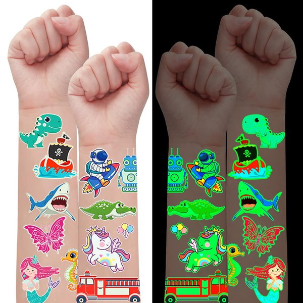 Ozepao 700+Pcs Luminous Tattoos For Kids, Glow In The Dark Mixed Styles Temporary Tattoos Stickers with Ocean Animal/Dinosaur/Space/Unicorn/Robot Fake Tattoos or More Party Favors Supplies 60 Sheets