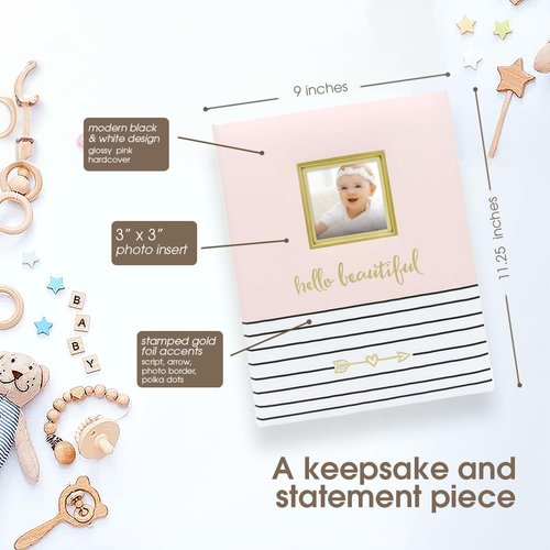 Pearhead Hello Baby First 5 Years Memory Book, Baby Girl Keepsake for New and Expectant Parents, Pregnancy And Milestone Journal, Pink