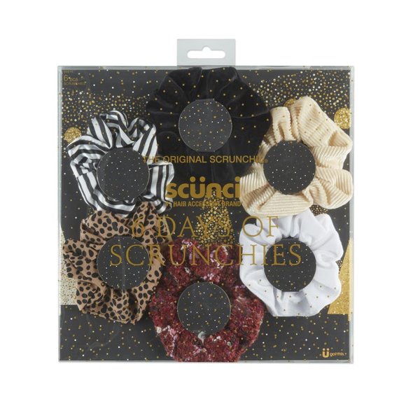 The Original Scrunchie® Six Days of Scrunchies Glamour Gift Set Includes 6 Unique Designs: Tan Dot Chiffon, White Velour, Black Velvet, Black & White Striped Satin, Beige Corduroy in Presentation Box