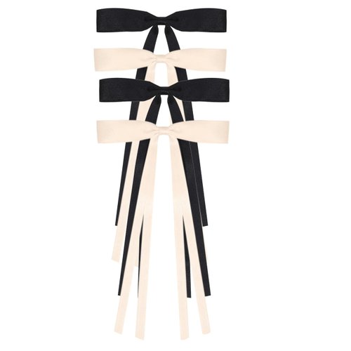 4Pcs Ribbon Bow Hair Clips with Long Tassel for Women,Hair Ribbons with Bow, Bowknot Hair Ponytail Holder Accessories for Women Girls Toddlers Teens Kids (Black +Beige)