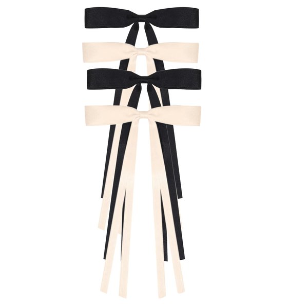 4Pcs Ribbon Bow Hair Clips with Long Tassel for Women,Hair Ribbons with Bow, Bowknot Hair Ponytail Holder Accessories for Women Girls Toddlers Teens Kids (Black +Beige)