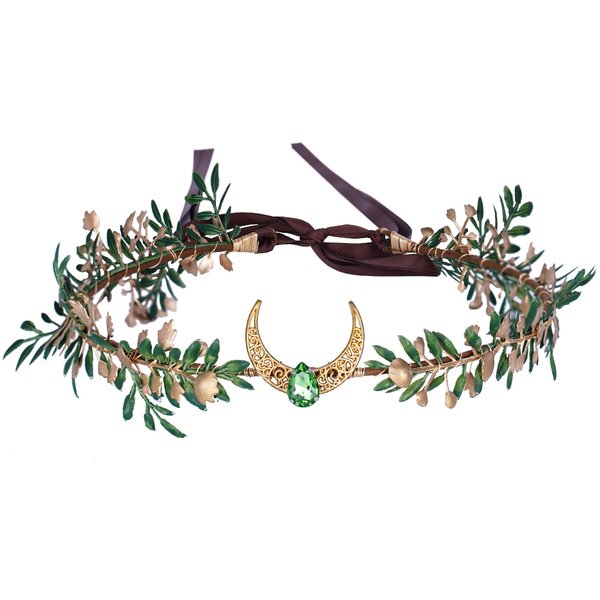 MOSTORY Handmade Fairy FLower Crown Moon Elf Headband Woodland Leaf Circlet Elven Forest Headpiece for Wedding for Women Girls Cosplay Bridal Renaissance Fair Party Proms Gold Green