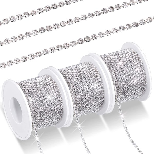 3 Rolls Total 33 Yards 2 MM Crystal Rhinestone Close Chain Trim Crystal Claw Cup Chain Sew on Trim for Sewing Crafts DIY Decoration Jewelry Wedding (Silver)