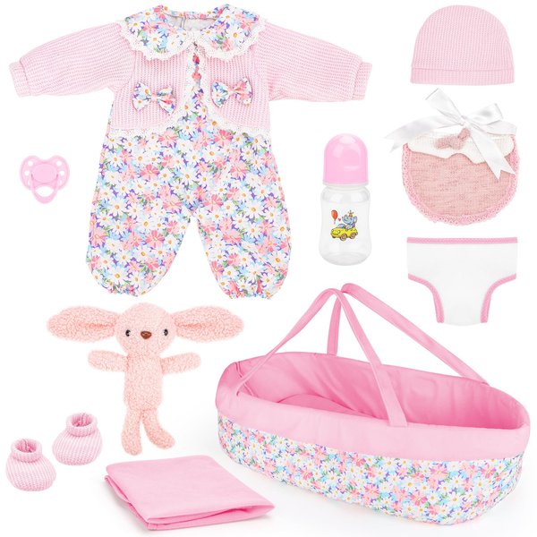 deAO 11 Pcs Baby Doll Clothes with Bassinet for 12-17 Inch Baby Doll, Baby Doll Accessories Includes Carrier Bassinet Bed, Baby Doll Clothes, Blanket, Baby Doll Clothes Outfit Playset