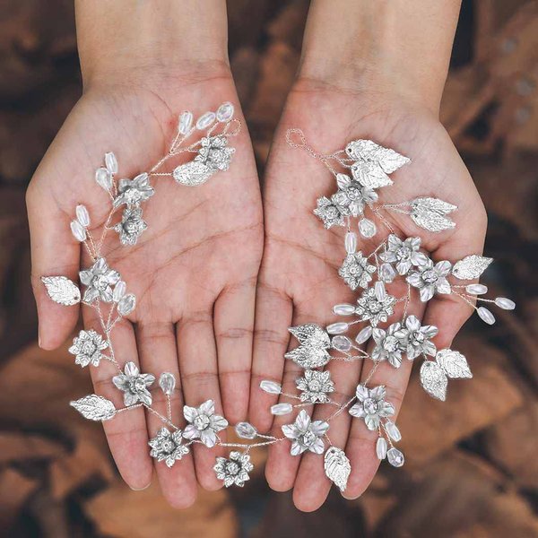 CASDRE Flower Bride Wedding Hair Vine Leaf Bridal Hair Accessories Pearl Hair Piece Headband for Women and Girls (B Silver)