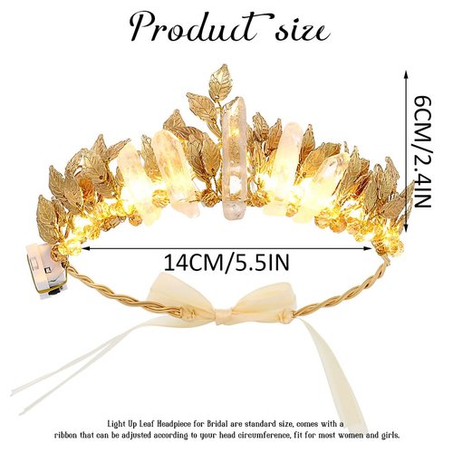Catery Gold Leaf Headband Raw Crystal Quartz Headbands Light up Crown Headbands Gold Goddess Headpiece Bridal Headdress Festival Wedding Bride Hair Accessories for Women and Girls