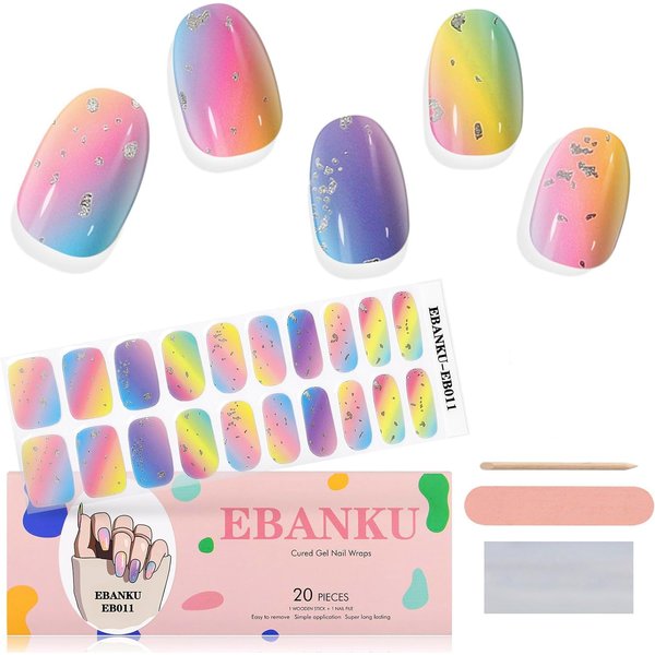 EBANKU Cured Gel Nail Strips Gel Nail Stickers Manicure Stickers(Aurora Sky) - Includes Nail File, Sealing Strip & Wooden Stick