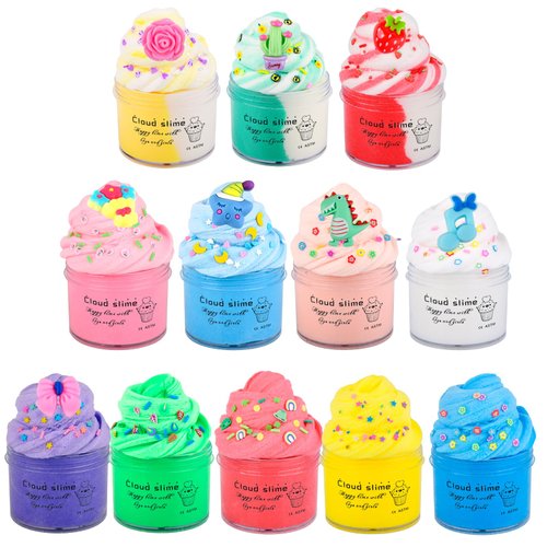 12 Pack Cloud Slime Kit with Cute Charms, Non-Sticky Snow Slime Set Party Favors for Girls Boys, Stress Relief Slimes Toys for Kids