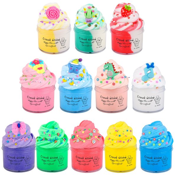 12 Pack Cloud Slime Kit with Cute Charms, Non-Sticky Snow Slime Set Party Favors for Girls Boys, Stress Relief Slimes Toys for Kids