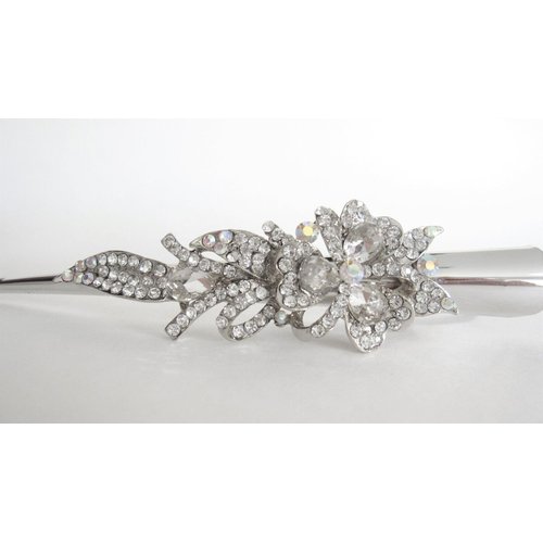 Silver alligator flower and ribbon hair claw clip with clear and AB crystals