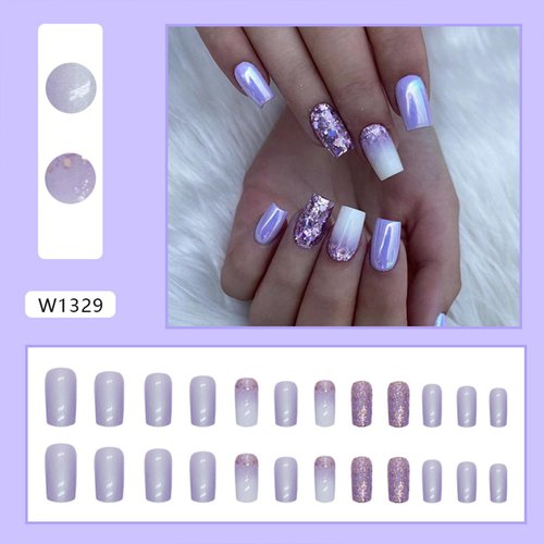Silver Purple Press on Nails Square Medium Fake Nails With Aurora Designs Full Cover Glitter False Nails Acrylic Stick on Nails Reusable Artificial Nails for Women Glue on Nails 24Pcs