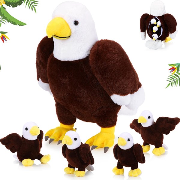 Lenwen 5 Pcs Bald Eagle Stuffed Animal Bulk 1 Mommy Eagle Plush with 4 Cute Babies Bald Eagles Plush Wild Bald Eagles Stuffed Animal Toy for Boys Girls Birders Zoo Gifts(Eagle)