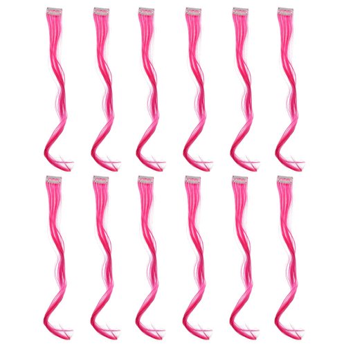 SWACC 12 Pcs Curly Wavy One Color Party Highlights Clip on in Hair Extensions Colored Hair Streak Synthetic Hairpieces (Neon Pink)