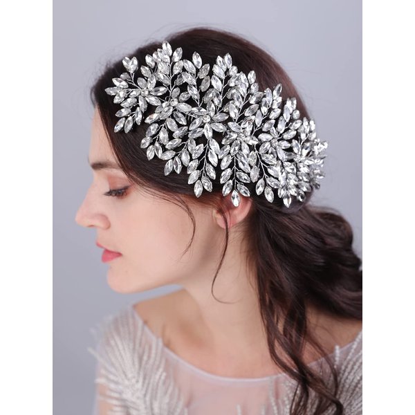 JWICOS Crystal Bride Wedding Hair Comg Bridal Hair Comb Hair Clip Flower Wedding Hair Accessories for Women and Girls (Silver)