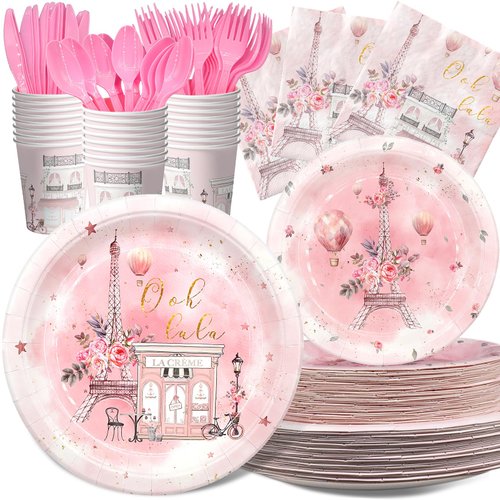 Paris Party Decorations Set - Chic Parisian Party Plates, Cups, Napkins, and Cutlery for a Magical Celebration - Elegant and Disposable Paris Party Supplies for Birthdays and Events