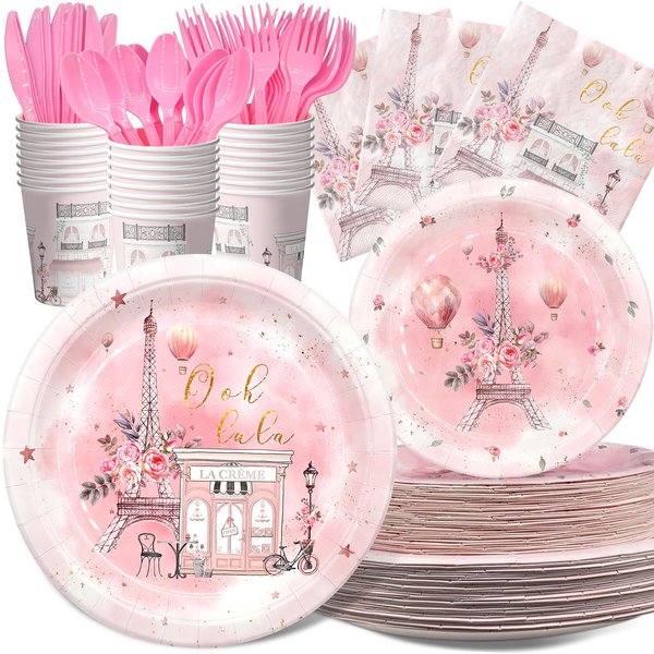 Paris Party Decorations Set - Chic Parisian Party Plates, Cups, Napkins, and Cutlery for a Magical Celebration - Elegant and Disposable Paris Party Supplies for Birthdays and Events