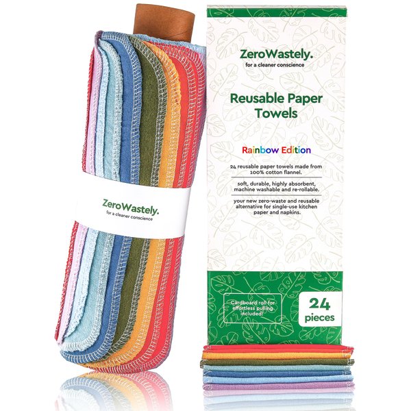 Reusable Paper Towels - Value Pack of 24 Paperless Towels! 100% Cotton, Super Soft, Absorbent, Washable and Made To Last Cut Back Waste Less with our Cloth By ZeroWastely