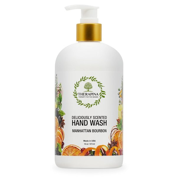 THERAPINA Aromatherapy Luxury Liquid Hand Soap – Vegan, Moisturizing Hand Wash with Aloe Vera, Botanical Oils, Manhattan Bourbon Scent – Fancy Liquid Hand Soap for Bathrooms, Kitchen, More, 16 Oz.