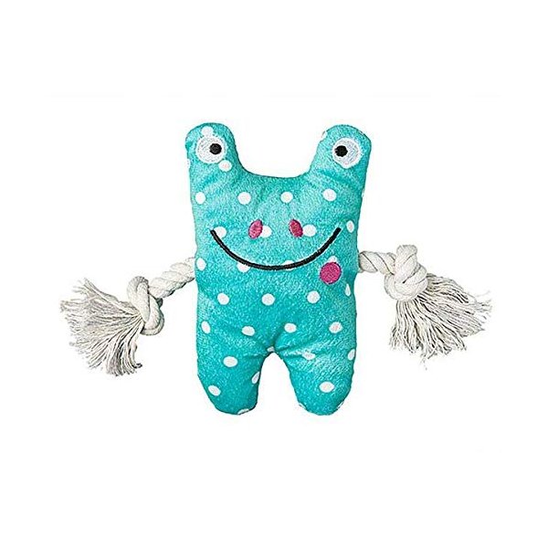 Patchwork Pet Frog Greybar Premium Dog Toy Plush w Pull Through Rope Squeaker