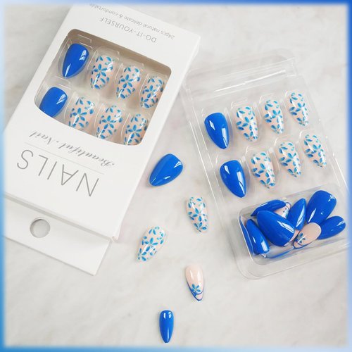 French Tips Press on Nails for Manicure Art with Flower Design, Glossy Gold Glitter Acrylic False Nails Gel Glue on Nails Blue Flower Short Almond Full Cover Fake Nails Stick on Nails for Women 30Pcs