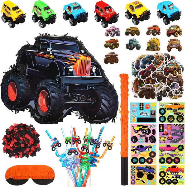 Hiboom 102 Pcs Truck Party Favors Set 1 Truck Piñata 1 Stick 1 Blindfold 1 Bag of Confetti 24 DIY Stickers 12 Drinking Straws 12 Vehicles 50 Toy Sticker Truck Theme Birthday Party Supplies