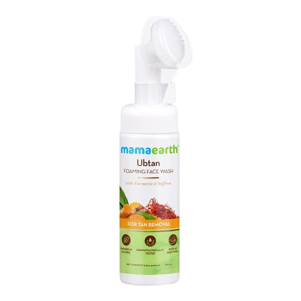 Mamaearth Ubtan Foaming Face Wash with in-built Brush | Gentle Hydrating Facial Cleanser for Tan Removal | with Turmeric & Saffron Extract | 5.07 Fl Oz (150ml)