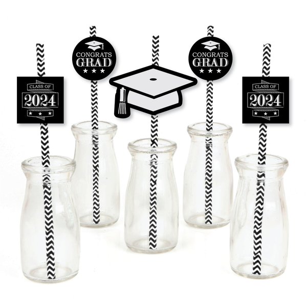Big Dot of Happiness Graduation Cheers Paper Straw Decor - 2024 Graduation Party Striped Decorative Straws - Set of 24