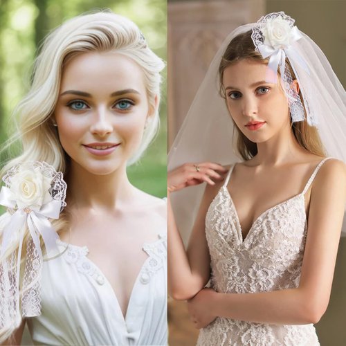 Lace Rose Flower Ball Hairpin Hair Accessories Bow Ribbon Elegant Hair Clip Handmade Hair Bride Birthday Women Girl Cosplay Decoration（Black White)