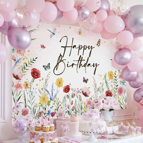Avezano Wildflower Birthday Backdrop Girls Floral Birthday Banner Spring Wildflower Birthday Party Decorations Background 70.8 x 43.3 inch