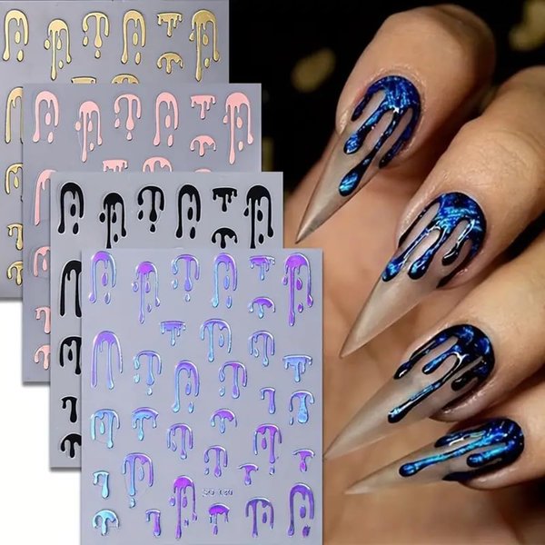 4-Sheets Halloween Nail Art Stickers - AZTSYT 3D Black Rose, Golden & Silvery Laser Bloody Designs Horror Theme for DIY Manicure Decoration, Self-Adhesive & Disposable Halloween Nail Stickers Nail