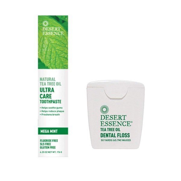 Desert Essence Natural Tea Tree Oil Toothpaste & Floss Bundle - 6.25 Oz Ultra Care Toothpaste & 50 Yards Dental Floss - Freshens Breath - Oral Care - Refreshing Taste