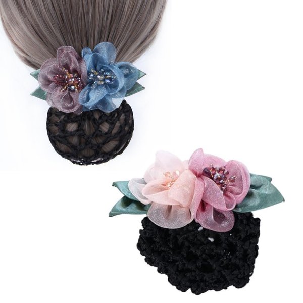 iRIIRIO 2pcs Hair Barrettes with Bows Snood Spring Metal Hair Clips with Bun Cover Hair Accessories for Women Girls (Floral)