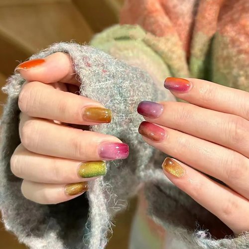 24Pcs Cat Press on Nails Short Fake Nails Cute Glue on Nails Full Cover Acrylic Nails Rainbow Cat Eye False Nails Glossy Stick on Nails Reusable Artificial Nails for Women Girls Manicure Decor