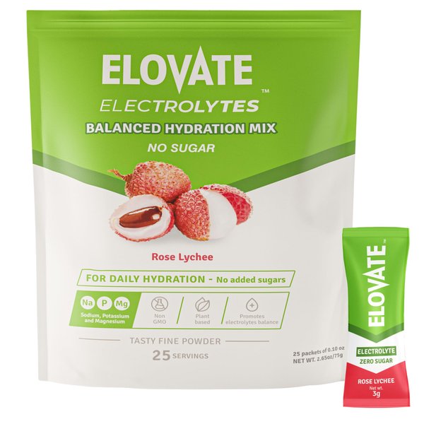 ELOVATE Zero Sugar Electrolyte Drink Mix, 25 Packets, Lychee Flavor, 3g Each Packet, Lychee Flavor