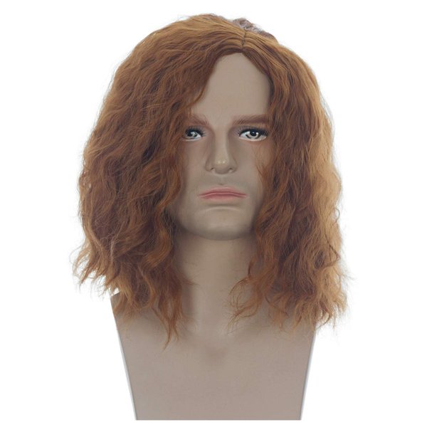Male Red Brown Fluffy Curly Wig Men Shoulder Length Cosplay Costume Wig for Halloween Party