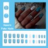 MISUD Short Square Press on Nails Squoval Fake Nails Glossy Glue on Nails Summer Blue Acrylic Nails White Gel Artificial Nails Bling Glitter Stick on False Nails with Design 24 pcs