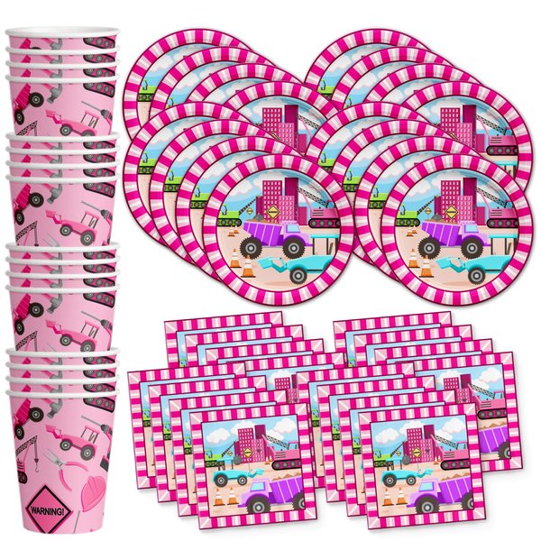 Girl Pink Construction Trucks Birthday Party Supplies Set Plates Napkins Cups Tableware Kit for 16