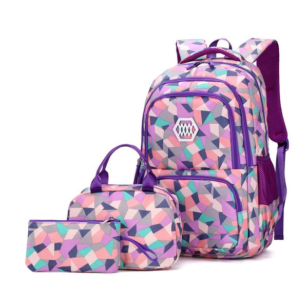 Geometric-Print Backpack and Lunch-Bag Set for Girls Middle-School Elementary Bookbags, 3Pcs School Bag with Lunch Bag Pencil Case