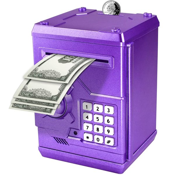Suliper Electronic Piggy Bank Code Lock for Kids Baby Toy, Mini ATM Safe Coin Cash Banks Real Money Saving Box with Password, Auto Money Scroll for Children,Boys Girls Birthday Gift (Purple)