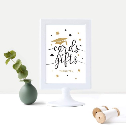 Andaz Press White and Gold Glittering Graduation Party Collection, Framed Party Sign, Double-Sided 4x6-inch, Cards & Gifts, 1-Pack, Includes Reusable Frame
