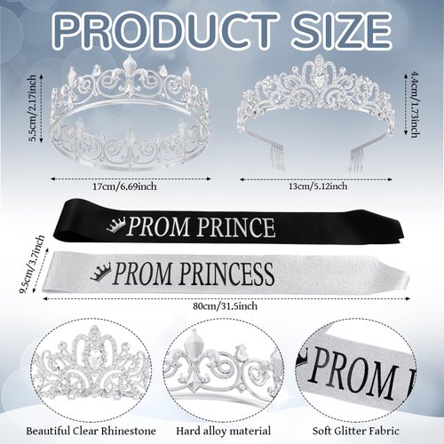 Saintrygo Prince and Princess Crowns Prom Court Sashes Prom Party Favors 80s Prom Tiara Shiny Satin Cosplay for Graduation (Elegant Style)