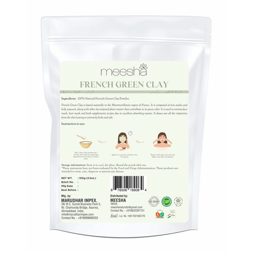 meesha French Green Clay Powder Montmorillonite Clay | 3.5 oz (100g) | Detoxifying, cleansing clay | Suitable for all skin types| Face masks | Soap making, Body scrubs, Bath bombs |100% Natural