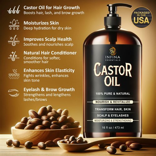 INFINA ESSENTIALS Pure Castor Oil for Hair Growth, Scalp, Skin, Face & Eyelashes - 100% Pure Hexane Free Cold Pressed Castor Oil Glass Bottle - Nourish & Moisturize Hair & Skin - 16 fl oz