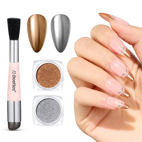 Beetles Gold Chrome Nail Powder, 2 Colors Holographic Chrome Powder Mirror Effect with Nail Brush for DIY Gel Polish Manicure Nail Decoration Glitter