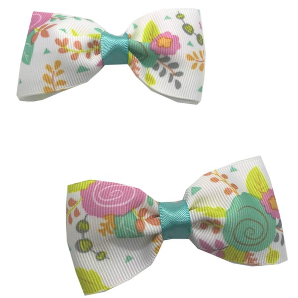 Handmade Pink and Teal Floral Girls Hair Bow Set, Little Girl Bows, Pigtail Hair Bows, Toddler Hair Bows,