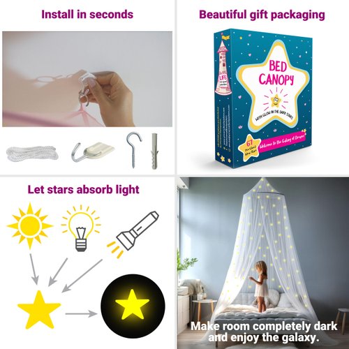 UB-STORE Canopy for Girls Bed with Pre-Glued Glow in The Dark Stars - Princess Mosquito Net Room Decor - Kids & Baby Bedroom Tent with Galaxy Lights - 1 Opening Canopy Bed & Hanging Kit Included